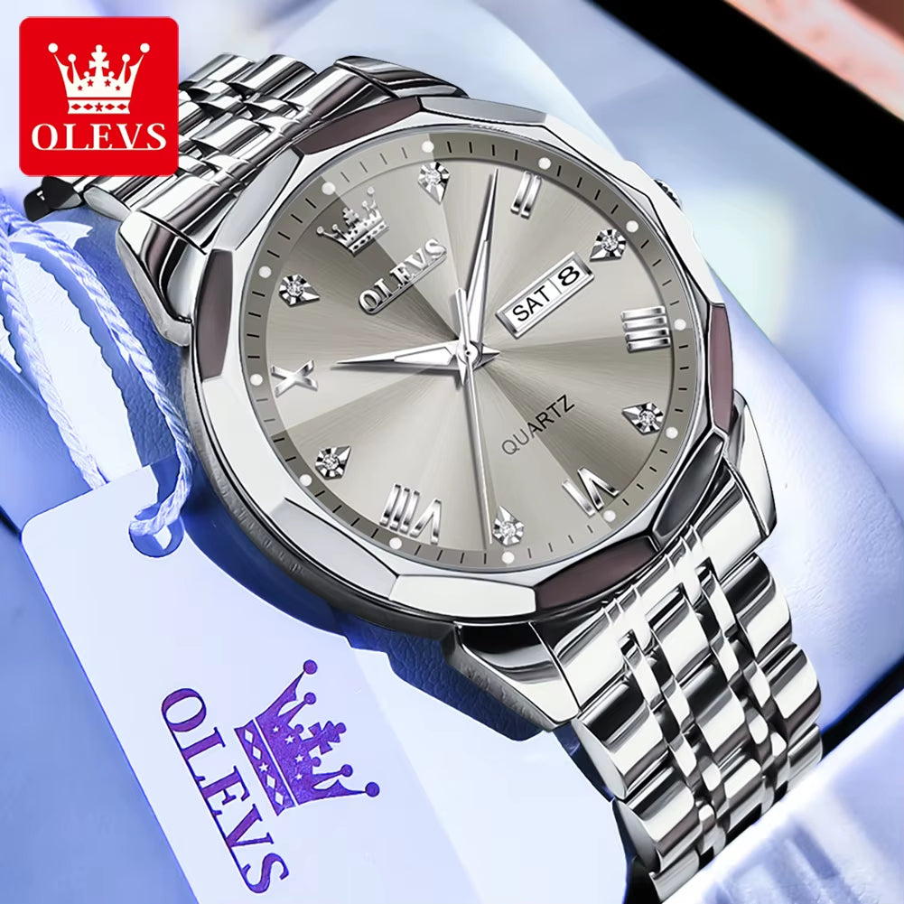 Men's Casual Fashion Quartz Watch - Waterproof Stainless Steel with Luminous Date and Week Display