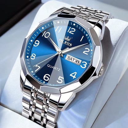 Men's Casual Fashion Quartz Watch - Waterproof Stainless Steel with Luminous Date and Week Display