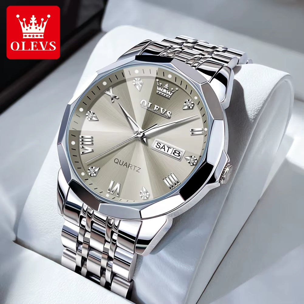 Men's Casual Fashion Quartz Watch - Waterproof Stainless Steel with Luminous Date and Week Display