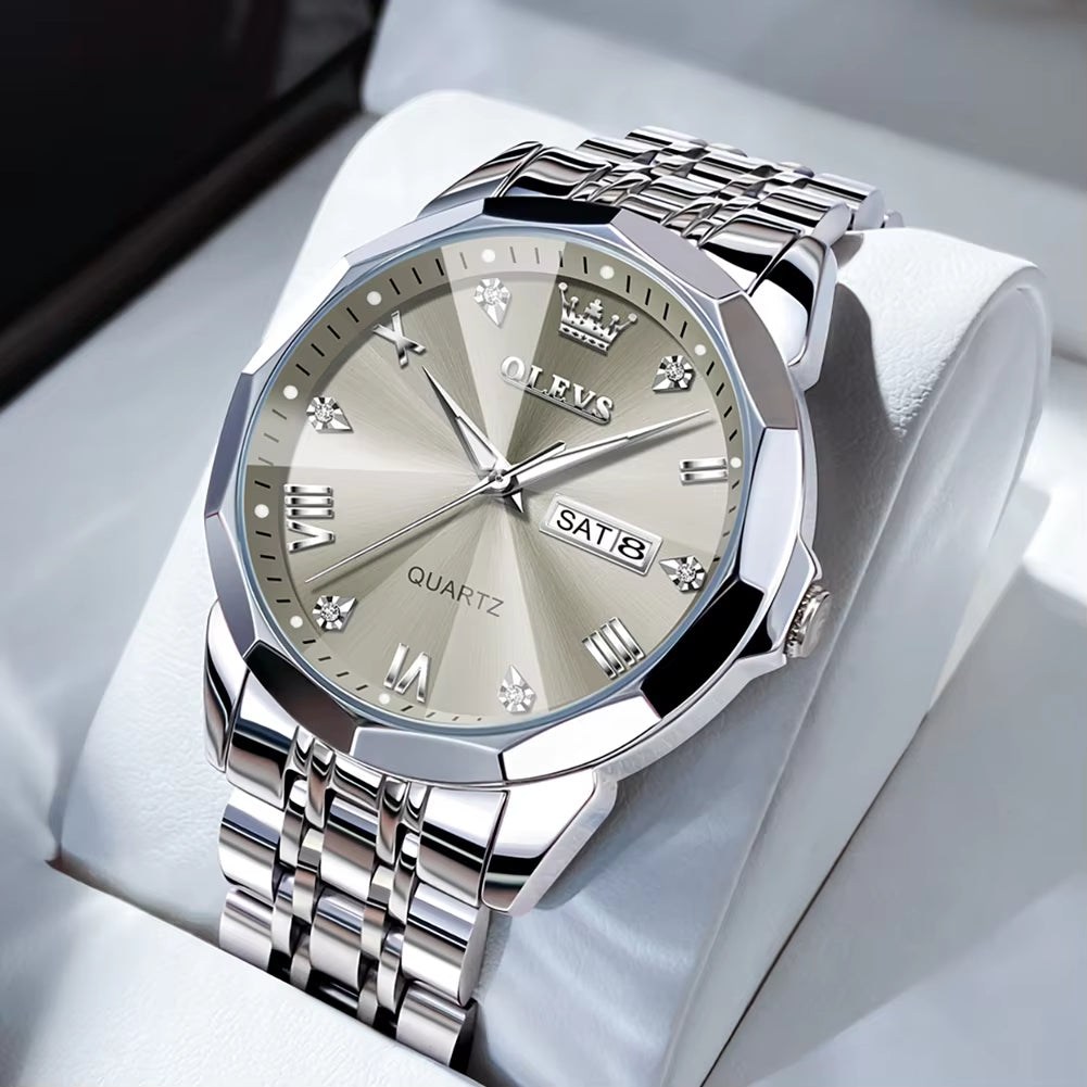 Men's Casual Fashion Quartz Watch - Waterproof Stainless Steel with Luminous Date and Week Display