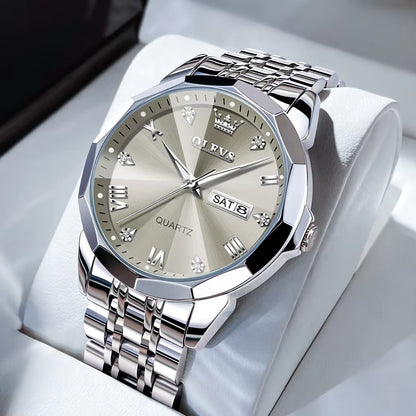 Men's Casual Fashion Quartz Watch - Waterproof Stainless Steel with Luminous Date and Week Display
