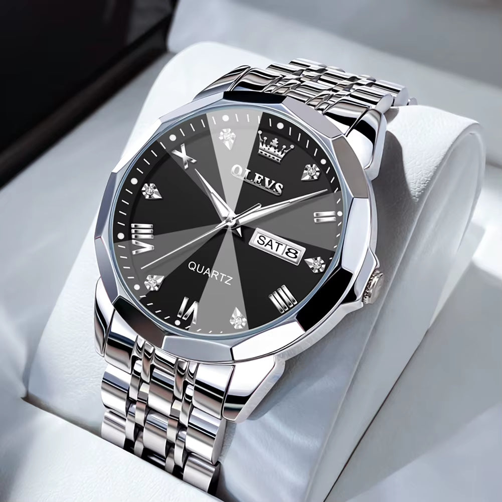Men's Casual Fashion Quartz Watch - Waterproof Stainless Steel with Luminous Date and Week Display