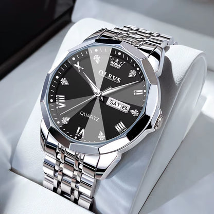 Men's Casual Fashion Quartz Watch - Waterproof Stainless Steel with Luminous Date and Week Display