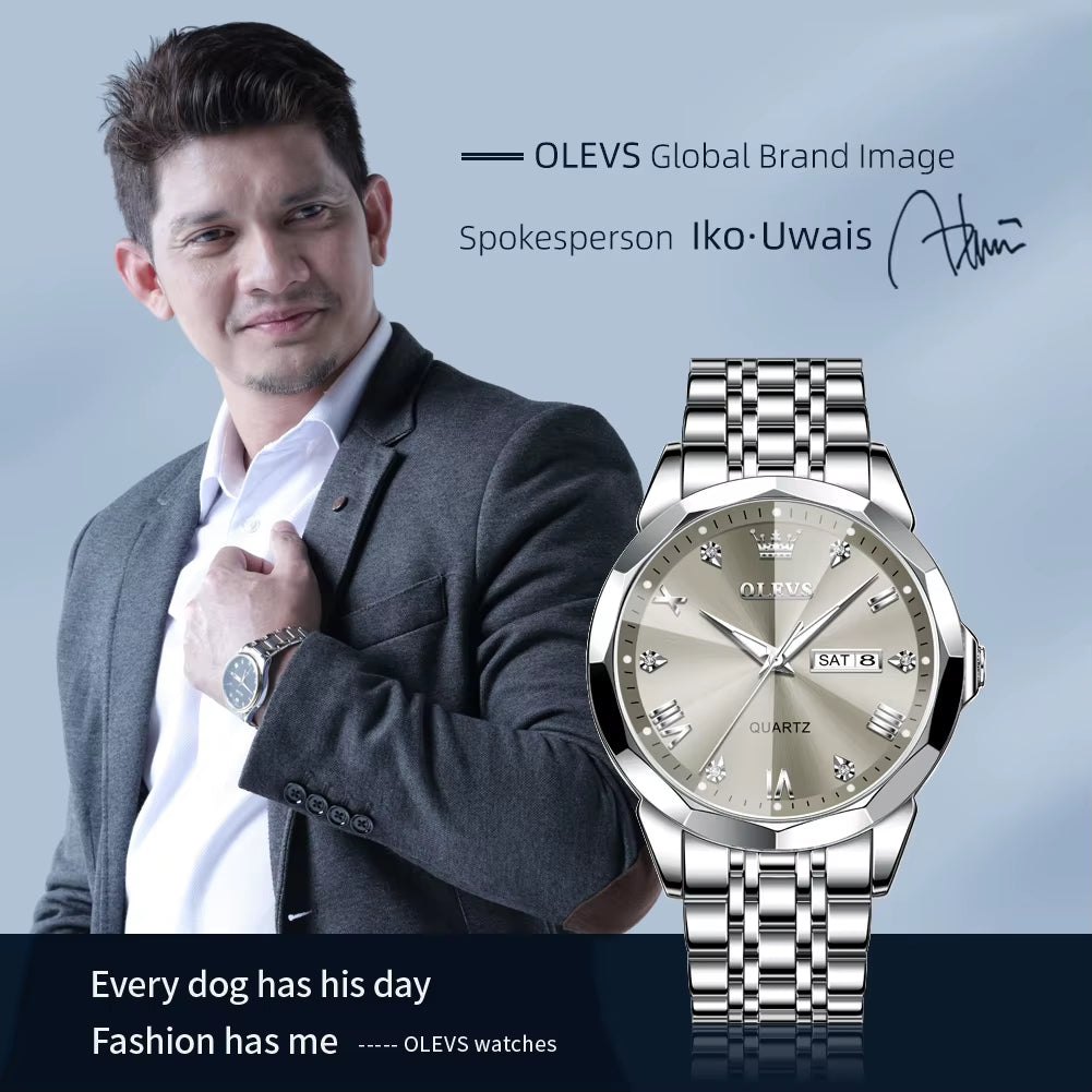 Men's Casual Fashion Quartz Watch - Waterproof Stainless Steel with Luminous Date and Week Display