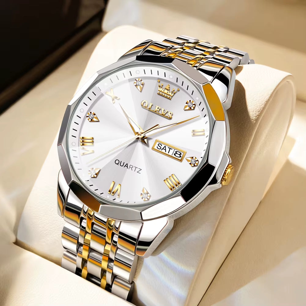 Men's Casual Fashion Quartz Watch - Waterproof Stainless Steel with Luminous Date and Week Display