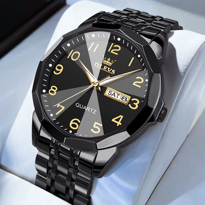 Men's Casual Fashion Quartz Watch - Waterproof Stainless Steel with Luminous Date and Week Display