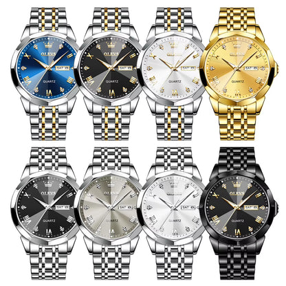 Men's Casual Fashion Quartz Watch - Waterproof Stainless Steel with Luminous Date and Week Display