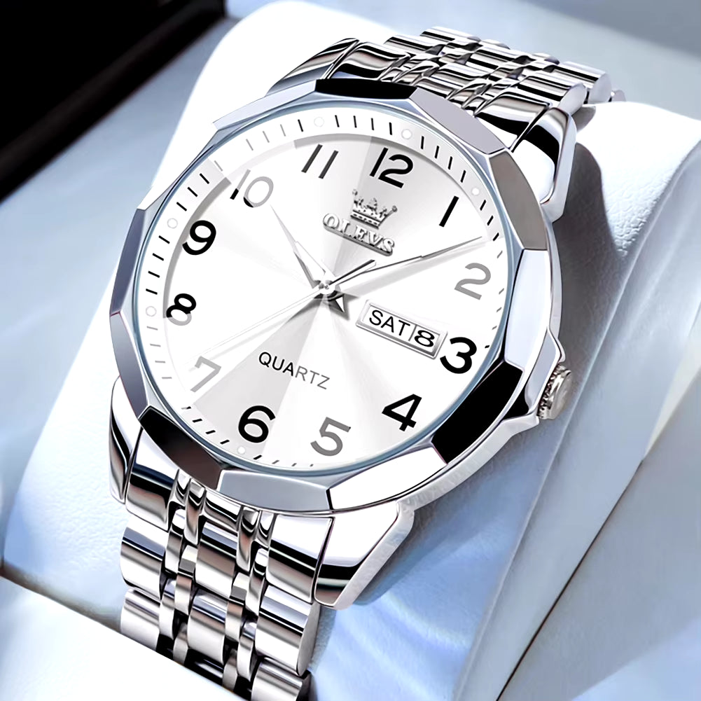 Men's Casual Fashion Quartz Watch - Waterproof Stainless Steel with Luminous Date and Week Display