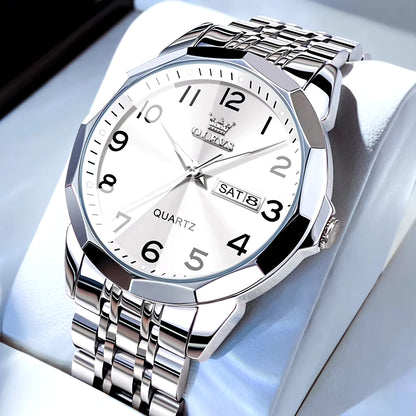 Men's Casual Fashion Quartz Watch - Waterproof Stainless Steel with Luminous Date and Week Display