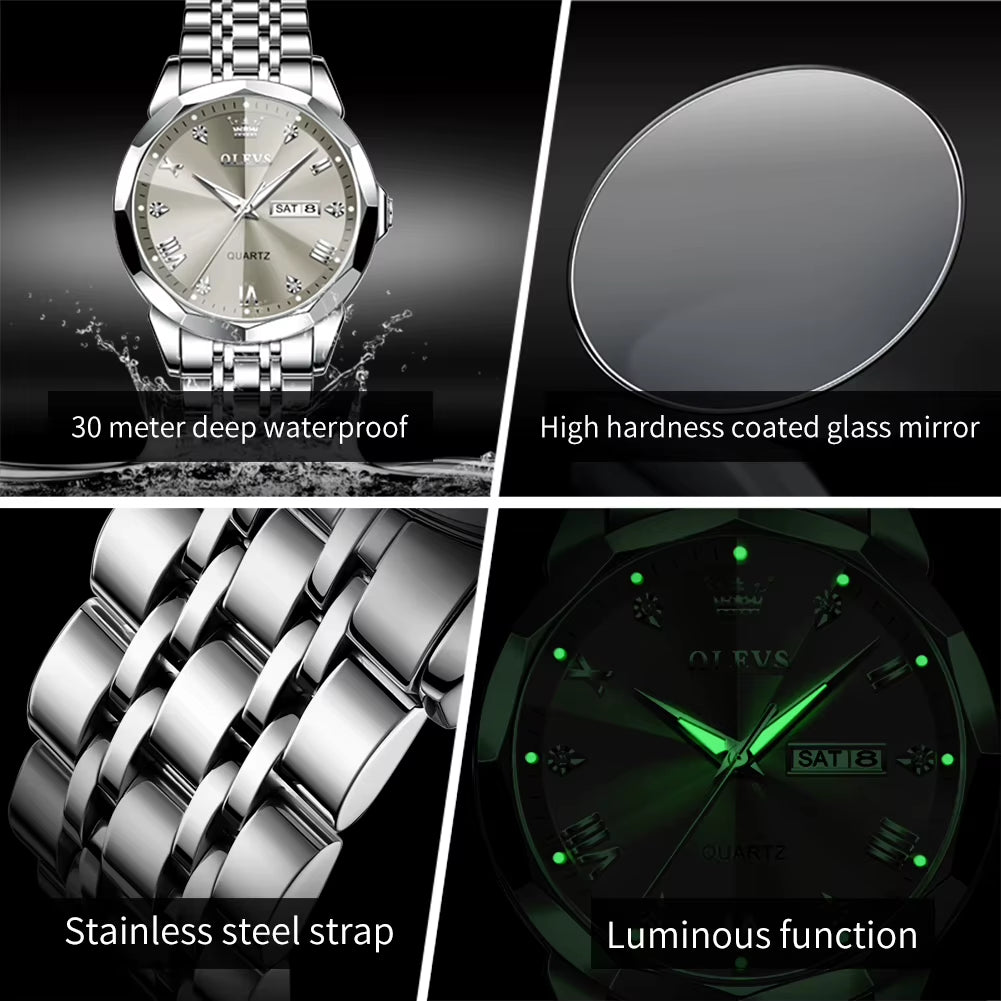 Men's Casual Fashion Quartz Watch - Waterproof Stainless Steel with Luminous Date and Week Display