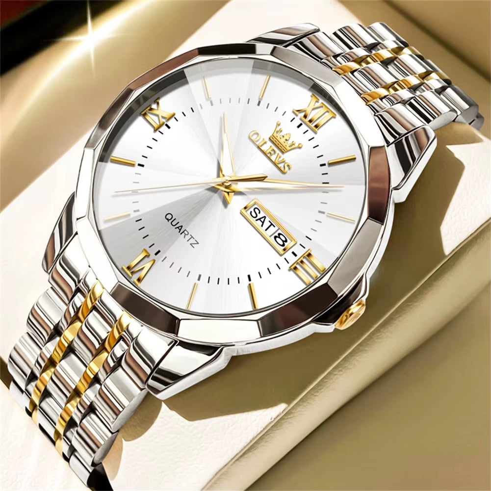 Men's Casual Fashion Quartz Watch - Waterproof Stainless Steel with Luminous Date and Week Display