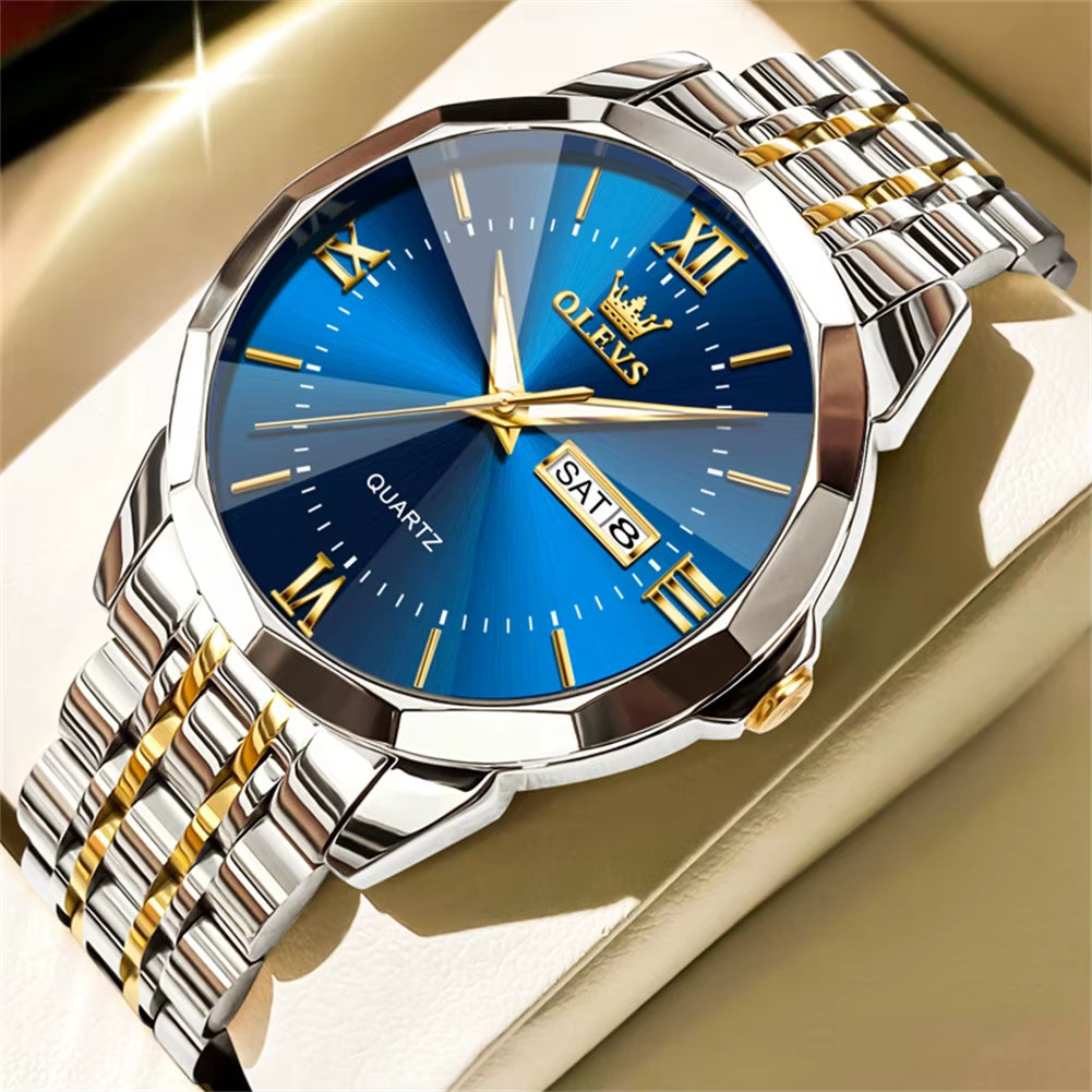Men's Casual Fashion Quartz Watch - Waterproof Stainless Steel with Luminous Date and Week Display