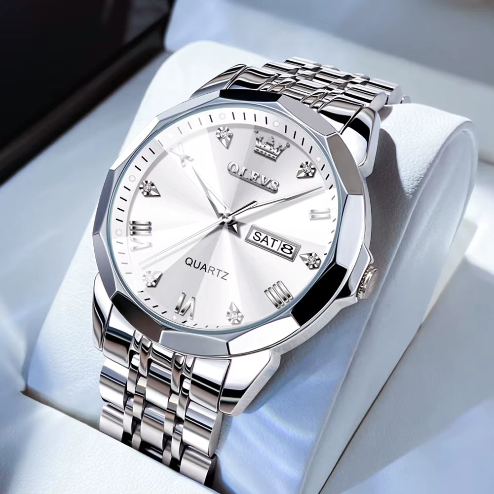 Men's Casual Fashion Quartz Watch - Waterproof Stainless Steel with Luminous Date and Week Display