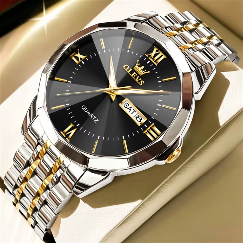 Men's Casual Fashion Quartz Watch - Waterproof Stainless Steel with Luminous Date and Week Display