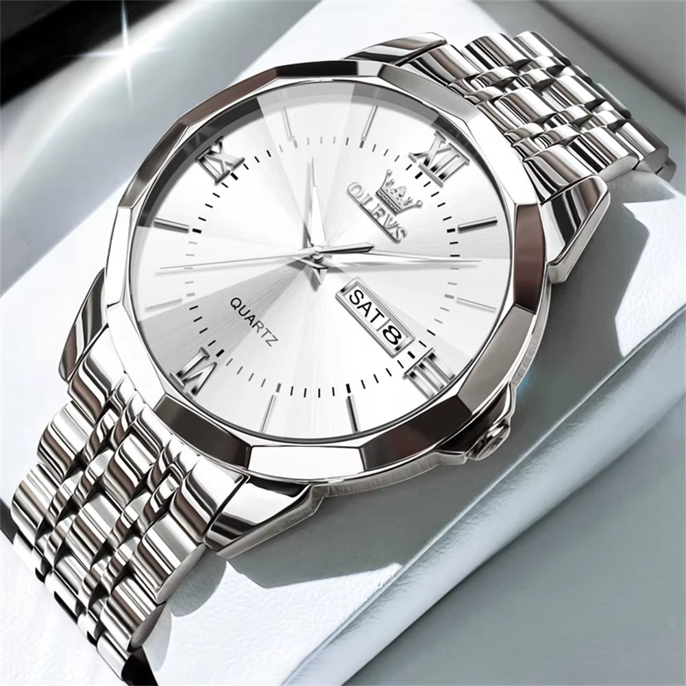 Men's Casual Fashion Quartz Watch - Waterproof Stainless Steel with Luminous Date and Week Display