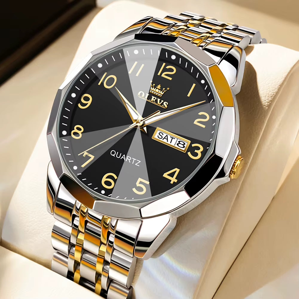 Men's Casual Fashion Quartz Watch - Waterproof Stainless Steel with Luminous Date and Week Display
