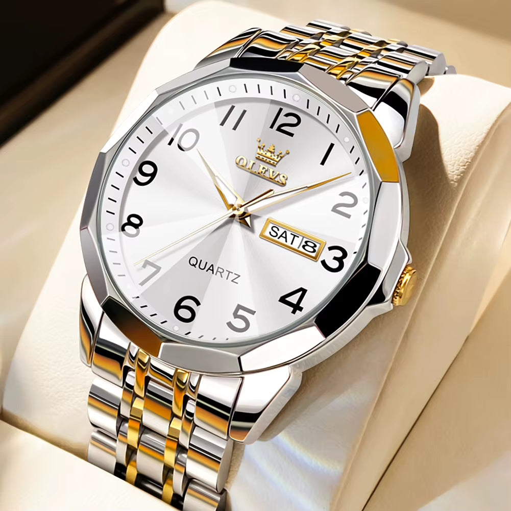 Men's Casual Fashion Quartz Watch - Waterproof Stainless Steel with Luminous Date and Week Display