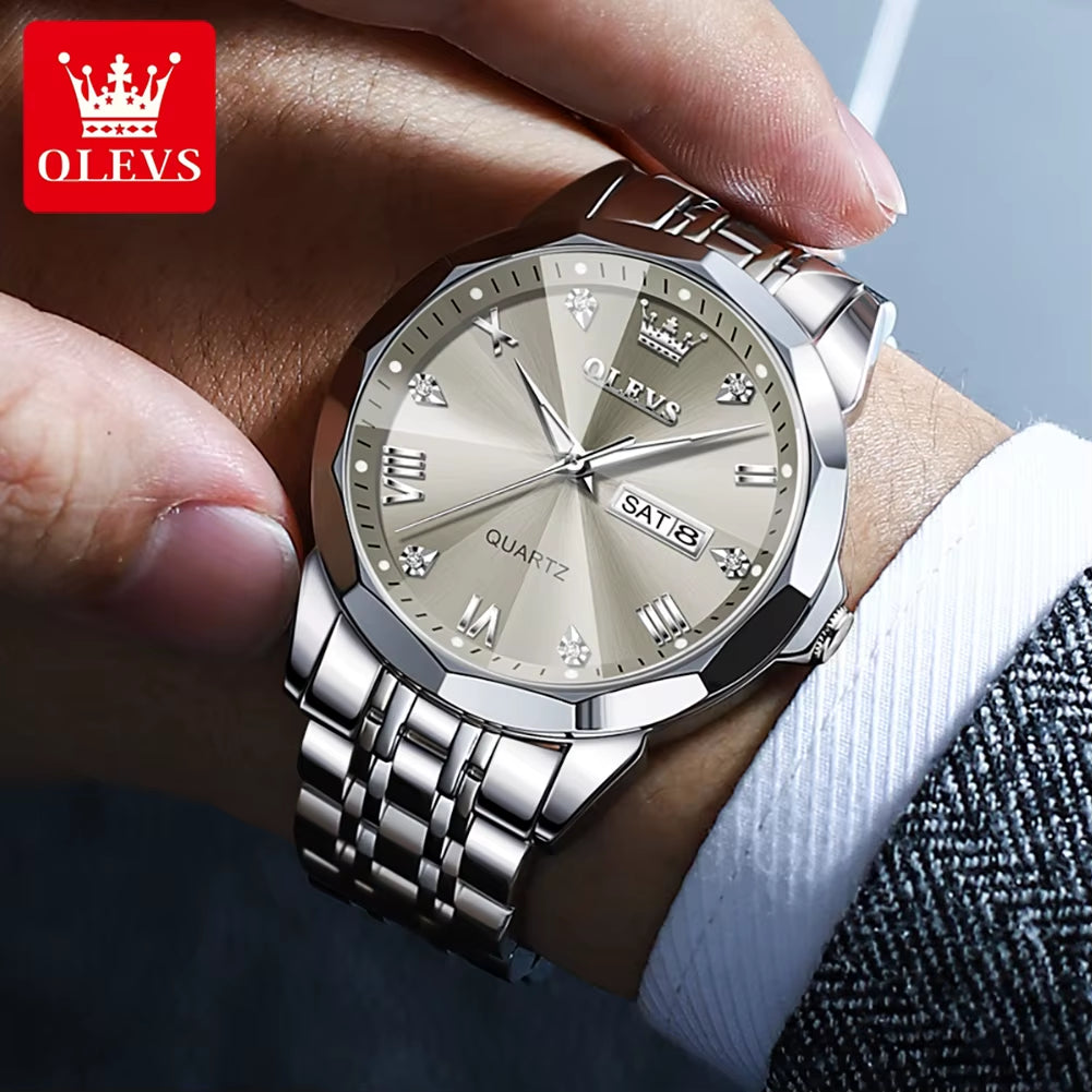 Men's Casual Fashion Quartz Watch - Waterproof Stainless Steel with Luminous Date and Week Display