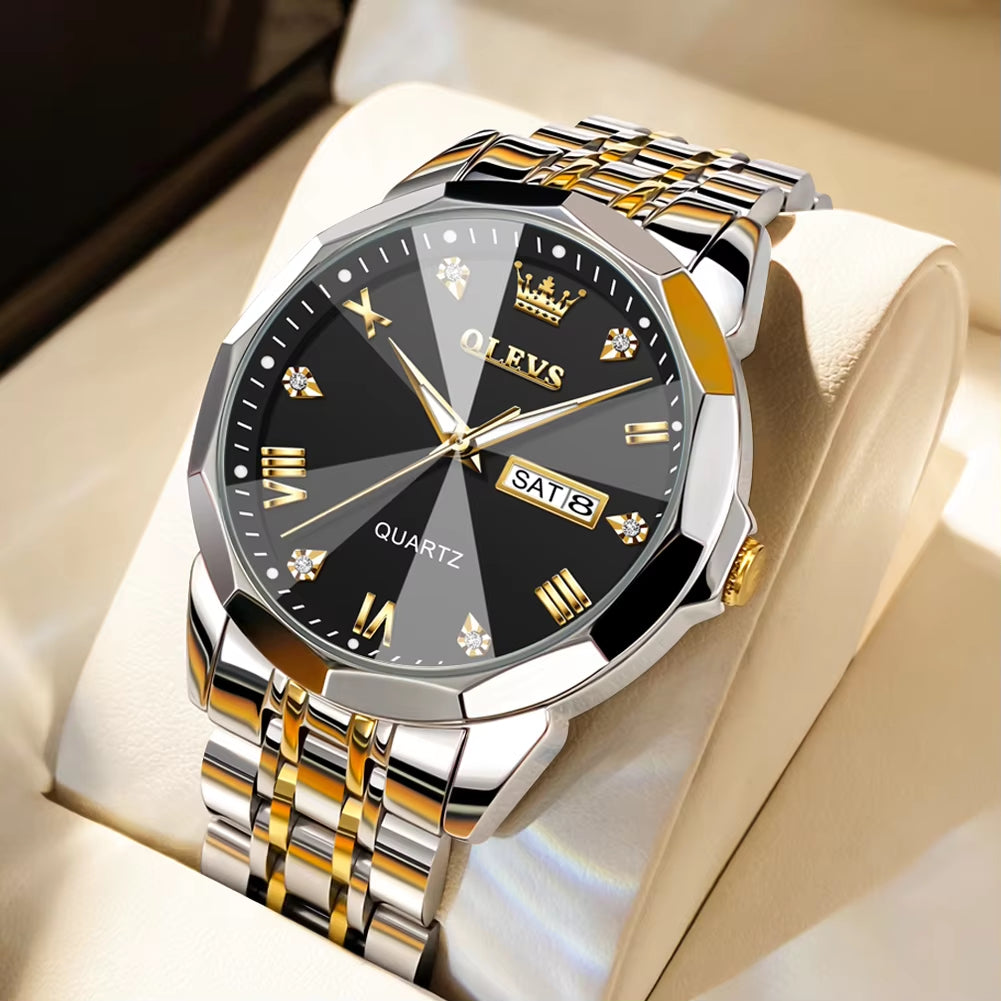 Men's Casual Fashion Quartz Watch - Waterproof Stainless Steel with Luminous Date and Week Display